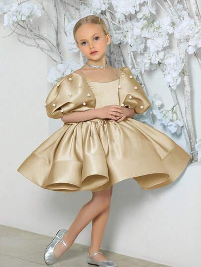 Young Girl Pearl Puff Sleeve Bowknot Khaki Party Dress, Elegant Princess Dress Suitable For Girls Birthday Party, Christmas Party, Wedding, Flower Girl, Holiday Celebration
