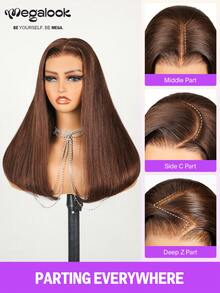 MEGALOOK 沙龙级奢华巧克力棕色6x5蕾丝无胶假发，180%密度，双层拉丝柔顺直发，预先拔毛、预先剪裁，打造自然发际线，无胶蕾丝闭合，10-20英寸长波波头假发，适合初学者，夏季轻盈，日常佩戴，适合办公室。 - S4 - 查看 7