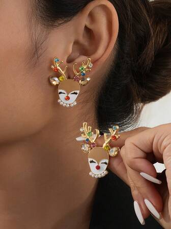 Pendientes de botón con renos incrustados de rhinestone, adecuados para el uso diario de las mujeres, regalo de Navidad