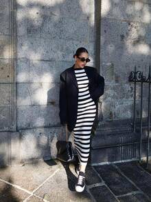 HoloChill Women's Colorblock Striped Casual 2-Piece Set: Crew Neck Long Sleeve Sweater And Long Bodycon Skirt, 2025 Autumn/Winter New Arrival