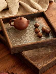 1 cutie de depozitare a gustărilor din lemn, sticlă, culoare nuc, cu model vintage în relief, cu flori de Crabapple, tavă de ceai emailată Cloisonné dreptunghiulară/poligonală, organizator de birou, platou pentru servire fructe și deserturi