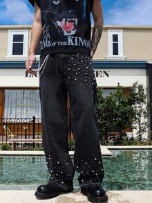 American Loose Straight Leg Jeans Men's 2025 New Autumn Fashion Nail Bead High Street Wide Leg Pants