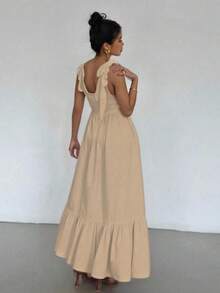 Maxi Vestido de Tirantes Ajustable con Escote en V o Pico Profundo, con Volante en el Bajo Casual para Mujer - Beis - Ver 3