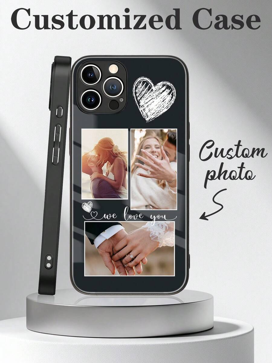 4pcs Custom Heart Decor Photo Frame, Personalized Phone Case Protective Cover Compatible With Apple 11 12 13 14 15 16 Pro Max, Galaxy A13 A33 A34 A35 A14 A15 A55 A56 S22 S23 S24 S25 Ultra, Customized With Various Life, Family, Holiday Photos,International Version, Not The Domestic Version - Black - View 1