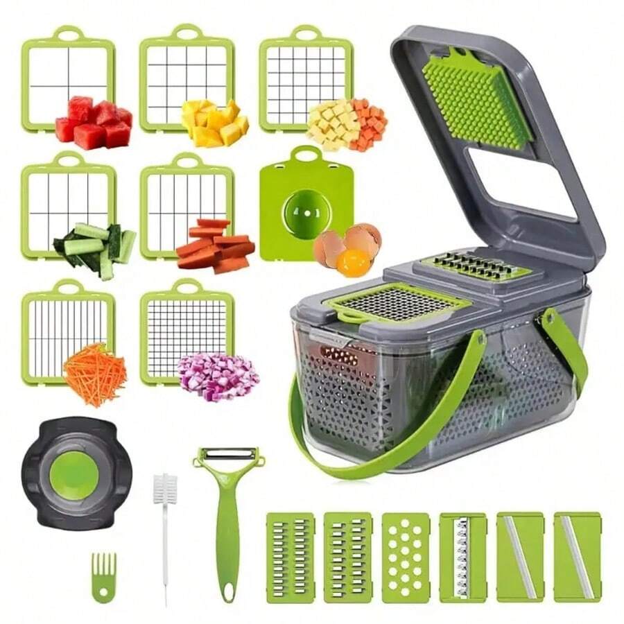 16-In-1 Vegetable Onion Chopper, Multifunctional Cutting Machine, Ingredient Processing Tool, Onion Chopper With Drain Basket, Carrot Garlic Chopper With Container, Kitchen Tools, Kitchen Accessories, Suitable For Home/Restaurant To Quickly Chop Vegetables