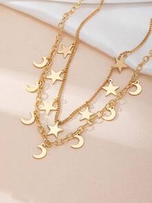 1pc Elegant Fashionable Occasion Wear Gold Metallic Moon & Star Pendant Multilayer Necklace For Women - Yellow Gold - View 6