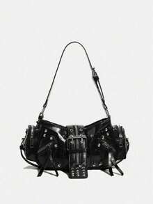 Unisex Punk Rock Motorcycle Bag, Y2K Oilcloth Leather Crossbody Underarm Handbag With Adjustable Strap, Suitable For Shopping - Black - View 1