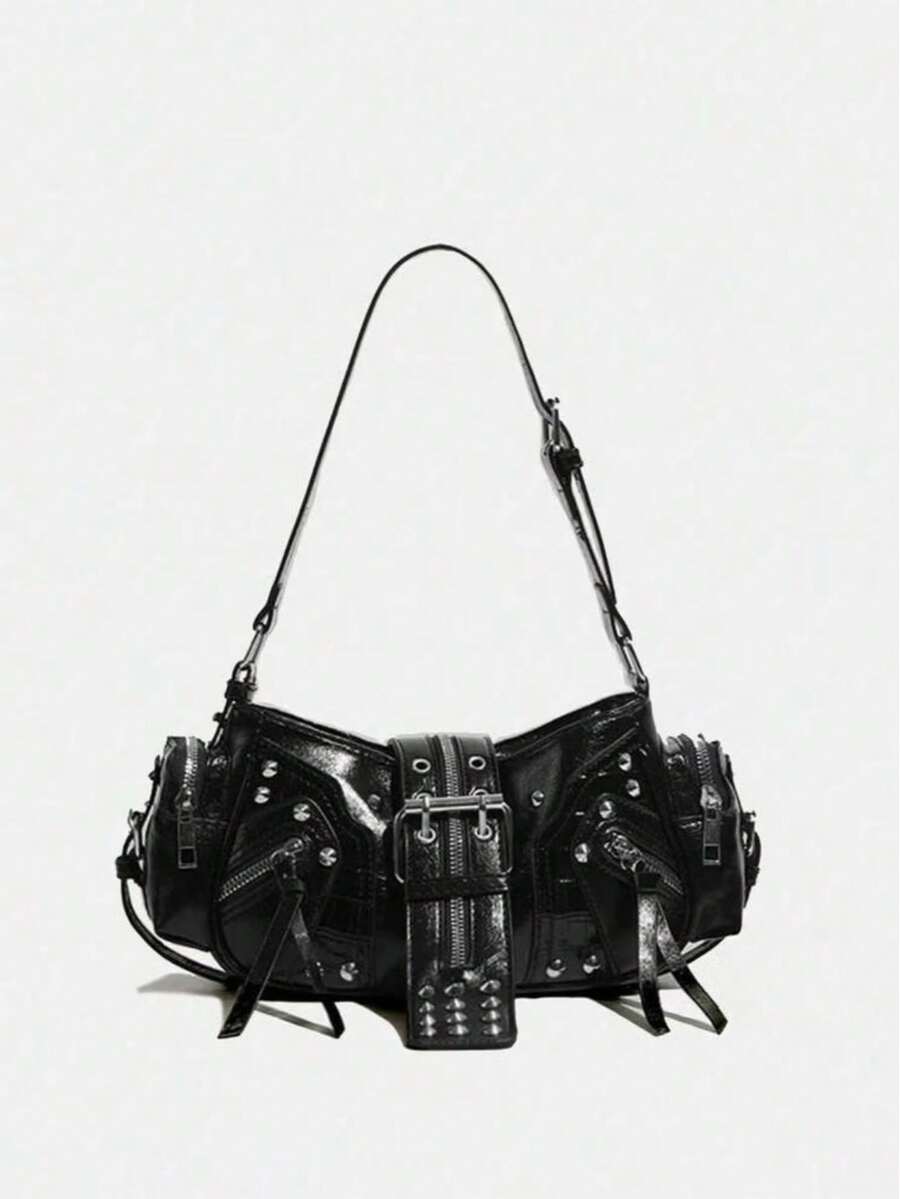 Unisex Punk Rock Motorcycle Bag, Y2K Oilcloth Leather Crossbody Underarm Handbag With Adjustable Strap, Suitable For Shopping - Black - View 1