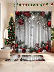 1/4 Pcs Christmas Shower Curtain Set With Holiday Red, Green And White Design - Includes Waterproof Shower Curtain With 12 Hooks, Non-Slip Bath Mat, U-Shaped Toilet Lid Cover And Rug - Perfect For Holiday Bathroom Decor, Multiple Sizes Available