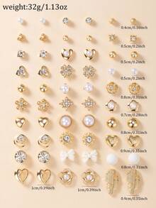 30 对优雅简约金属仿珍珠小花水钻心形蝴蝶结耳钉套装，奢华女士礼物 - 金黃色 - 查看 7