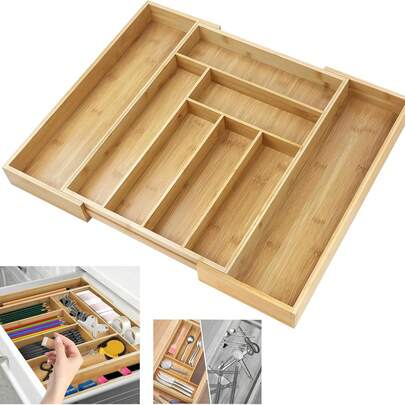 EFAN Besteckkasten fur Schubladen, verstellbar von 32 x 43 x 5cm bis 52 x 43 x 5cm, 6 bis 8 Fächer, Bambus Utensilienhalter für Küche, Haus, Büro, leicht zu reinigen