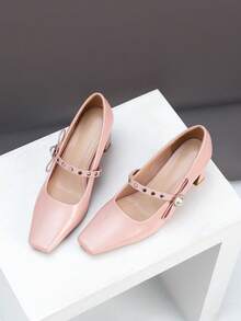 1 Par de Sapatos de Salto Grosso Quadrado de Couro Envernizado Versátil e de Alta Qualidade com Fivela de Pérola, Adequado para Várias Festas e Roupas de Trabalho, Primavera/Outono