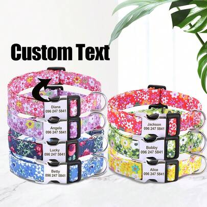 Vòng cổ chó khắc họa tiết phong cách đồng quê hoa lá, vòng cổ thú cưng cá nhân hóa bằng nylon mềm mại, thẻ nhận dạng có thể điều chỉnh chống thất lạc.