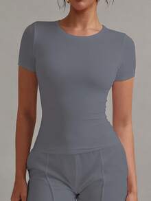 XLLAIS Tricou de vară cu mânecă scurtă și guler rotund mic 2025, tricou sport casual pentru femei, stil casual, stil solid, stil Skinny