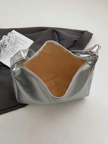 Vintage Solid Color PU Leather Shoulder Bag For Women, Casual Large Capacity Outdoor Travel Vacation Crossbody Bag, Portable Versatile Business Commuting Crescent Bag For Daily Work Use, Lightweight New Street Shopping Underarm Bags - Silver - View 11