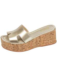 Women's Platform Wedge Flatform Sandal With H-Straps, Cork Sole, Medium Heel, Casual GiGiL - 金色 - 查看 2