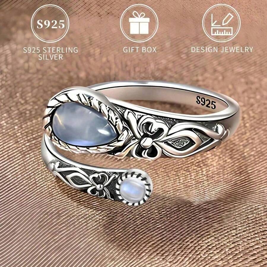 S925 Sterling Silver Moonstone Women's Ring Low Allergy Spoon Ring Victorian Vintage Style Adjustable Butterfly Thumb Jewelry Daily Party Holiday For Loved Ones Box - Bạc - Xem 1