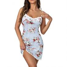 Sexy Lace Strap Babydoll Chemise Nightgown V Neck Full Slip Nightdress, 2025 Fashion Style - 淺藍色碎花 - 查看 4