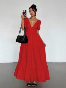 Maxi Vestido de Tirantes Ajustable con Escote en V o Pico Profundo, con Volante en el Bajo Casual para Mujer - Rojo - Ver 1