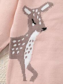 女婴长款针织毛衣，带鹿图案，套头衫 - 藕粉色 - 查看 4