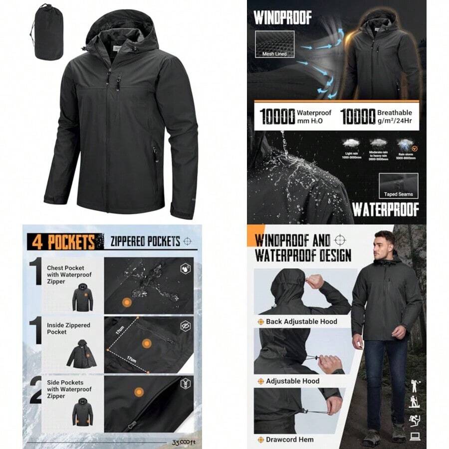 33000ft Men's Packable Rain Jacket Lightweight Rain Shell Jacket With Hood Waterproof Raincoat For Cycling - 黑色+小號 - 查看 1