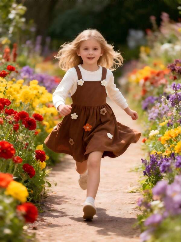 Girls Round Neck Solid Color Long Sleeve Top + 3D Knitted Flower Corduroy Suspender Skirt Casual Outfit, Spring/Autumn