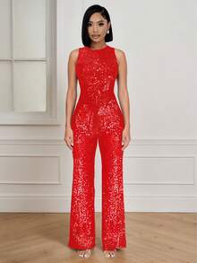 女士性感连体裤，网纱面料，高弹力，紧身剪裁，饰有水钻，适合派对、鸡尾酒会等场合，黑色和银色水钻点缀，透视网纱，高领紧身铅笔裙设计，性感奢华的秋冬圣诞派对连体裤，婚礼礼服 - 紅色 - 查看 3