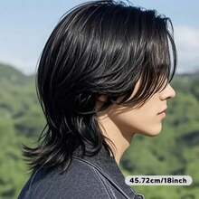 男士假发，适合室内外日常佩戴，中分发型，黑色，耐热透气