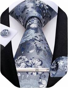 Silk Floral Necktie Set With Tie Clip, Handkerchief & Cufflinks - Silver and Sky Blue - View 1