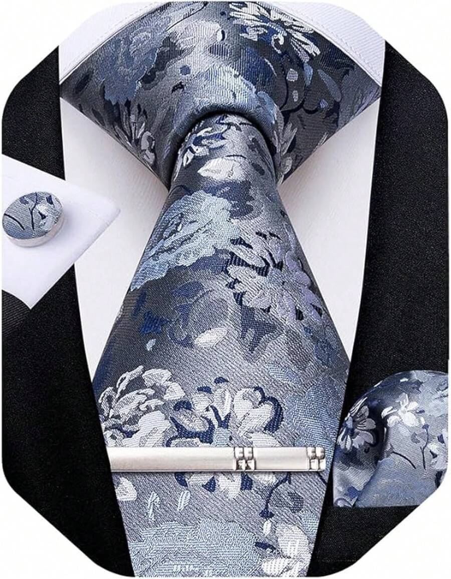 Silk Floral Necktie Set With Tie Clip, Handkerchief & Cufflinks - Silver and Sky Blue - View 1