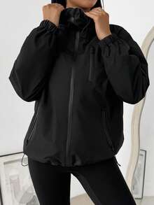 Outdoor Sports Windbreaker Jacket, Solid Color Fashion Versatile Hooded Zipper Design, Hook And Loop Cuffs, Suitable For Daily Wear, Hiking, Sports - Black - View 1