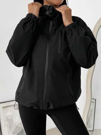 Outdoor Sports Windbreaker Jacket, Solid Color Fashion Versatile Hooded Zipper Design, Hook And Loop Cuffs, Suitable For Daily Wear, Hiking, Sports