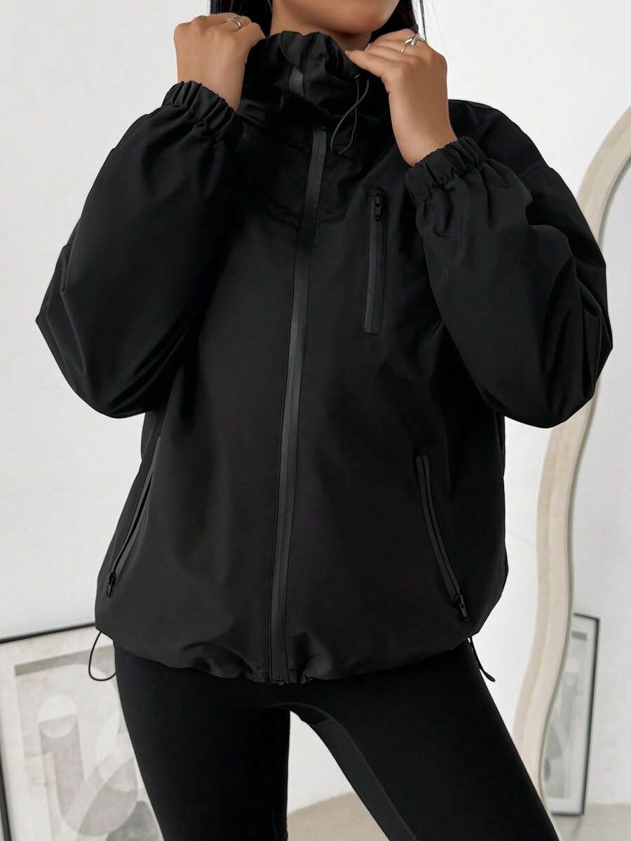 Outdoor Sports Windbreaker Jacket, Solid Color Fashion Versatile Hooded Zipper Design, Hook And Loop Cuffs, Suitable For Daily Wear, Hiking, Sports - Black - View 1