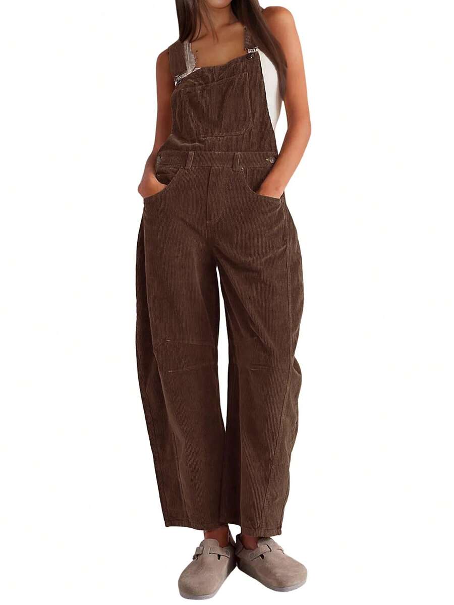 Women's Corduroy Overalls Jumpsuit, Baggy Wide Leg Casual Romper With Adjustable Straps Pockets,Retro Loose Fit Dungarees For  Fall Winter - Brown - View 1
