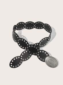 1条西部牛仔风波西米亚女士腰带，西部风配饰，波西米亚风女士时尚配饰，复古黑色金属铆钉椭圆形腰带，连衣裙配饰，适合派对、海滩、音乐节等场合，提供加大码 - 黑色 - 查看 3