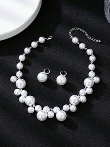1set Asymmetrical Baroque Faux Pearl Necklace And Earrings Set, Fashionable Choker Necklace For Women Jewelry Women