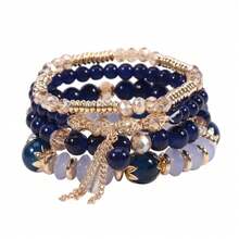 4Pcs/Set Fashion Boho-Chic Multi-Layer Tassel Colorful Beaded Bracelet With Stretchy Elastic Cord Crystal Pendants Bracelets Perfect For Casual Attire & Gifting, Bohemian, Creative, Ladies - 藍色 - 查看 2