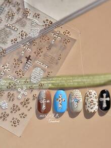 1pc Gothic Leopard Print Nail Art Sticker, 3D Embossed Denim Cross Leopard Velvet Decorative Pattern Design, Self-Adhesive Nail Sticker Decor, Nail Stamping, Nail Sticker, Reusable, For Women, Autumn/Winter Holiday Gift