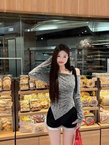 不对称肩部圆点印花不对称长袖衬衫 春季 - 灰色 - 查看 3