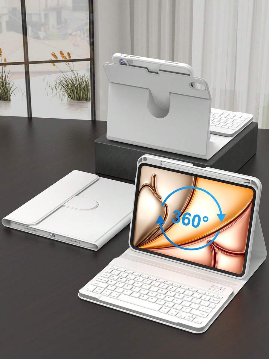Rotating Protective Keyboard Case Compatible With Ipad, Compatible With IPad 10th Gen, PU Leather Material, Fits IPad 10.2", 9th/8th/7th Gen, Air 3/10.5", Pro 11" (2018/2020/2021/2022), With Acrylic Backplate And Pencil Slot, Suitable For IPad (A16) 11" 11th Gen (2025), Supports 3 Angle Adjustments, Compatible With IPad Air 4/5/11" (M2) 2024/(M3) 2025, Built-In 150mAh Battery - Gray