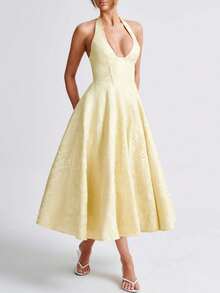 Women Jacquard Halter Dress Elegant Low Cut Sleeveless Open Back A-Line Long Dress For Evening Party Club - Màu vàng - Xem 6