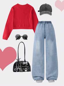 2pcs/Set Girls Casual Everyday Butterfly Jacquard Top And Distressed Light Wash Denim Jeans Pants