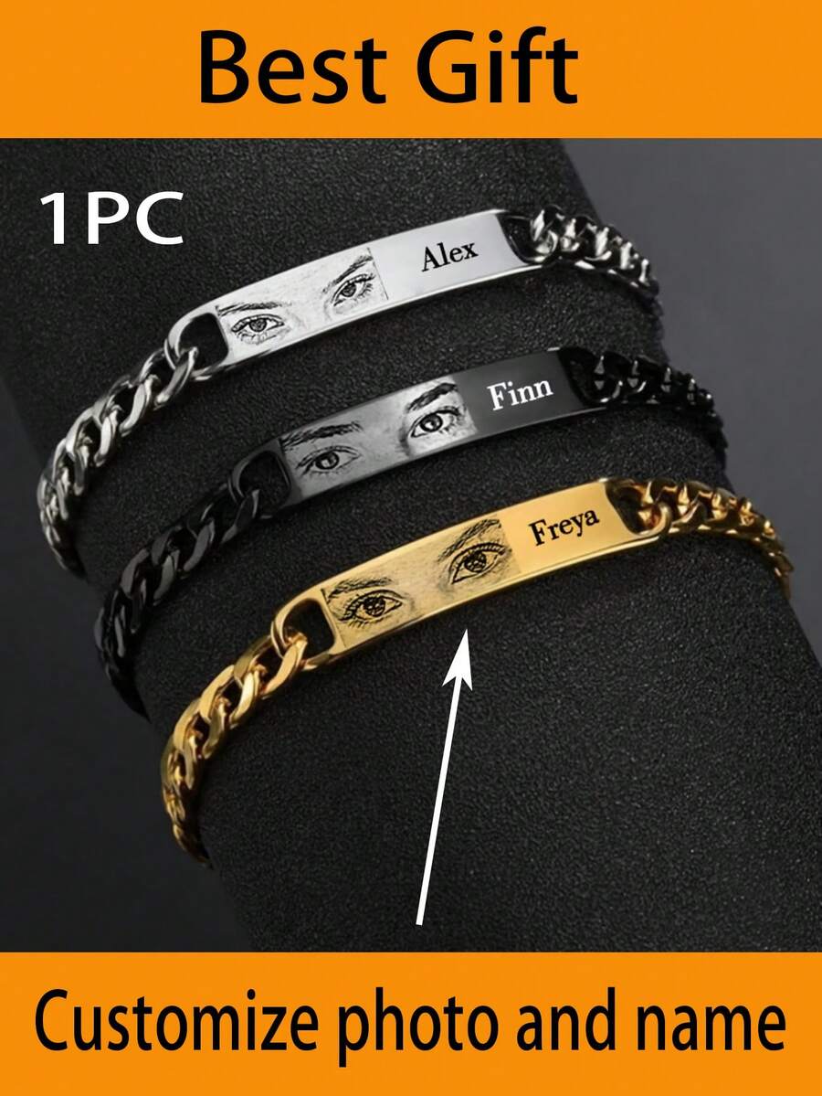 1pc Customizable Stainless Steel Cuban Link Photo & Name Engraved Bracelet, Personalized Eye Engraving, Bar Bracelet With Photo, Boyfriend Gift, Couples Bracelet, Bracelet, Men's Gift, Customized Gift, Friendship Bracelet, Birthday Gift, Valentine's Day Gift, Mother's Day, Father's Day, Ramadan Gift, Personalized Holiday Gift, Gift For Couples, Friends, Family, All Seasons - Multicolor - View 1