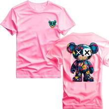 Camiseta Unissex  Estilo Streetwar Estampada Urso Pintado de Flores Street Style Camisa  Estilosa Masculina e Feminina - 100% Algodão Promoção Frete Grátis Rápido - Rosa - Visão 1