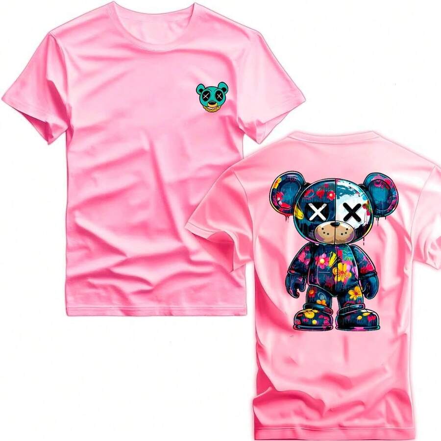Camiseta Unissex Estilo Streetwar Estampada Urso Pintado de Flores Street Style Camisa Estilosa Masculina e Feminina - 100% Algodão Promoção Frete Grátis Rápido - Rosa - Visão 1