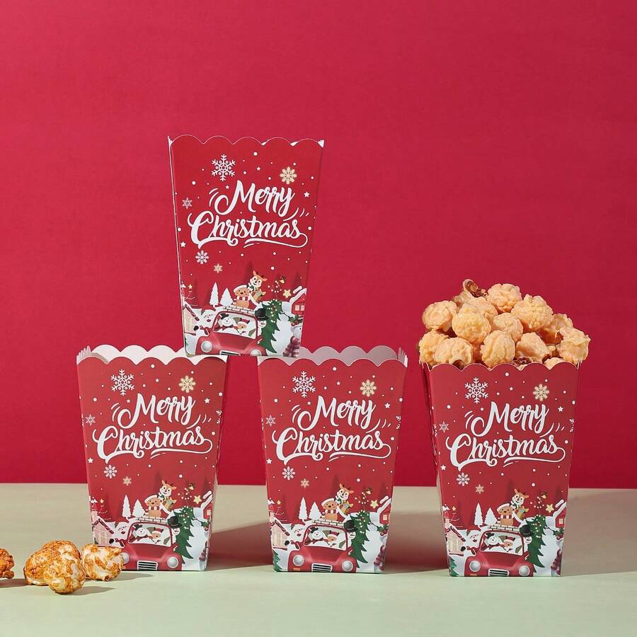 10pcs/20pcs/50pcs,Red Christmas Popcorn Gift Box-Paper Popcorn Box Bucket Snack Container For Christmas Party Supplies,Elegant Sturdy Cardboard-Style Popcorn Boxes With Golden Lettering & Santa Claus Cutouts - Christmas Party Decorations, Xmas Gift Packaging, New Year's Eve Party Decor, Popcorn Bucket Holders - Red - View 1