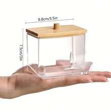 حامل أعواد القطن من الأكريليك مع غطاء من البامبو، موزع أعواد القطن الصغيرة الشفافة، حامل أعواد الأذن، حاوية تخزين أعواد الأسنان، منظم تخزين ديكوري لسطح الحمام، مجموعة غرفة النوم