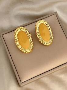 1 Pair Vintage French Style Enamel Oval Stud Earrings, Elegant Palace Style Earrings, Fashionable And Luxurious