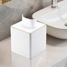 Gold-Edged Square Vertical Striped Tissue Box - Fashionable Cubic Tissue Box Holder, Magnetic Bottom, Decorative PU Tissue Box Suitable For Vanity, Nightstand, Desk, Kitchen Counter, Home Office, Car (Milk Tea Color) - Multicolor - View 2