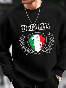Italia Print Men's Pullover Round Neck Long Sleeve Sweatshirt Loose Casual Top For Autumn Winter Men's Clothing As Gifts Leisure Holiday - Black - View 1